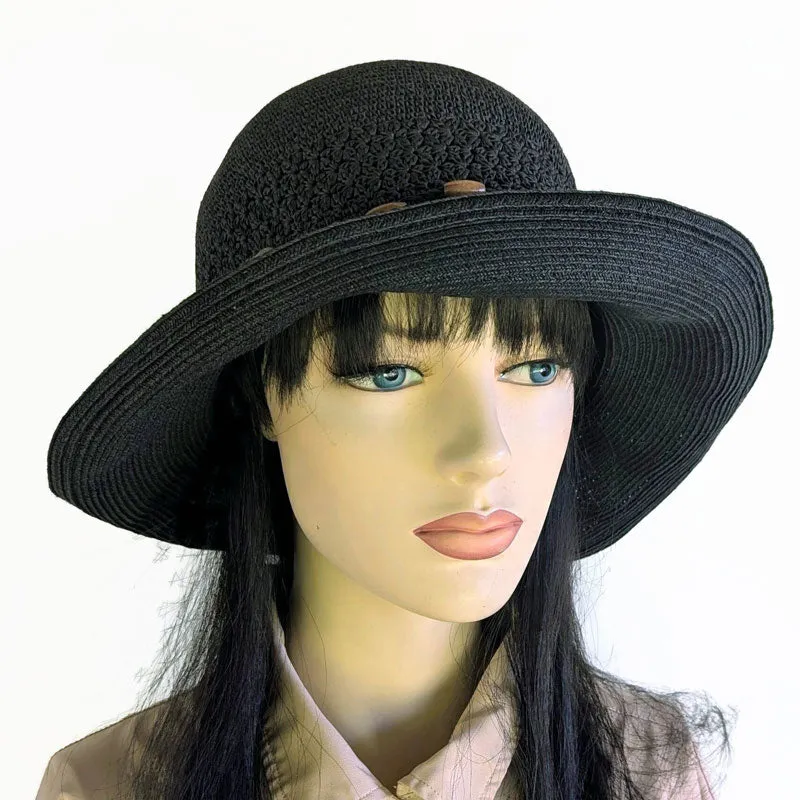 Packable black straw hat with button trim and lovely crochet textures, wired brim edge, adjustable fit