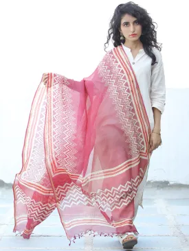 Pastel Pink White Kota Silk Hand Block Printed Dupatta - D04170633