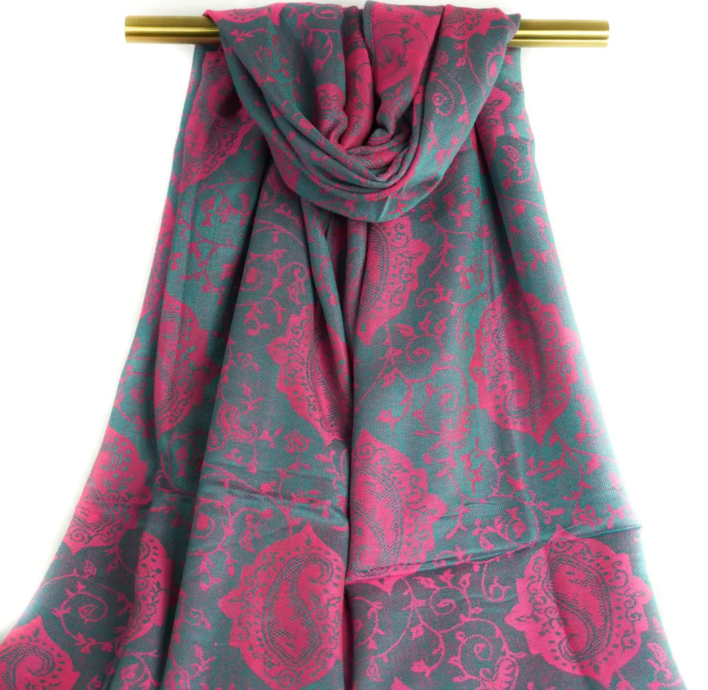 Pink & Teal Paisley Pashmina Scarf Bohemian Shawl