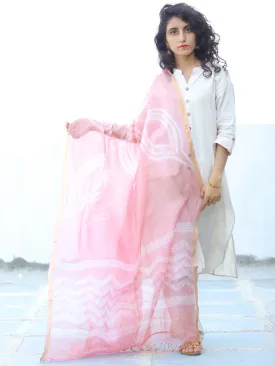 Pink White Shibori Kota Silk Hand Block Printed Dupatta - D04170635