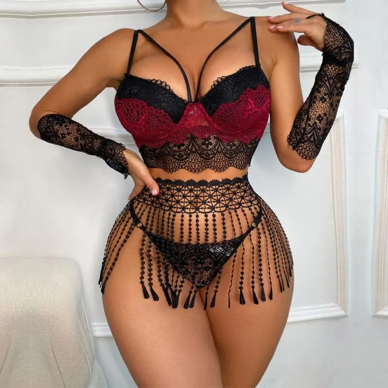 Pleasures and Sins Lace Lingerie Set with Tassel Waist and Gloves