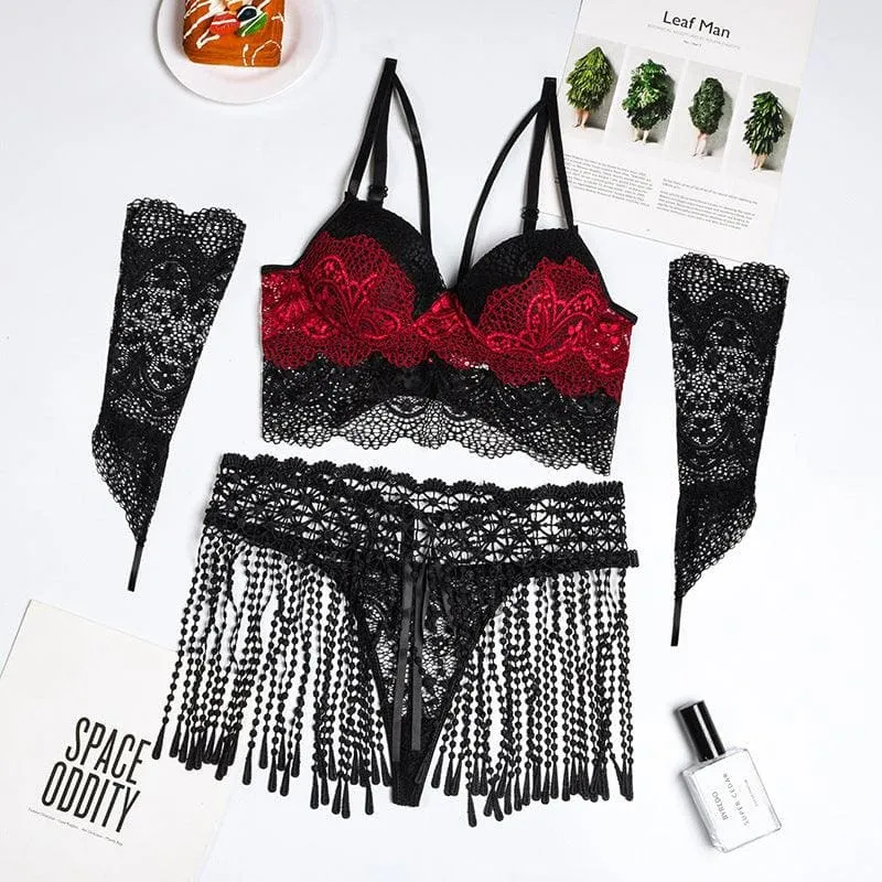 Pleasures and Sins Lace Lingerie Set with Tassel Waist and Gloves