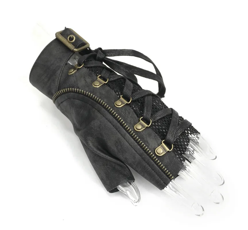 Punk Lace-up Mesh Faux Leather Half Gloves / Men's Gloves with Buckle and Decorative Zip