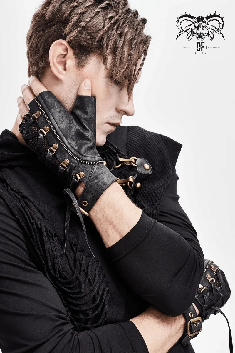 Punk Lace-up Mesh Faux Leather Half Gloves / Men's Gloves with Buckle and Decorative Zip