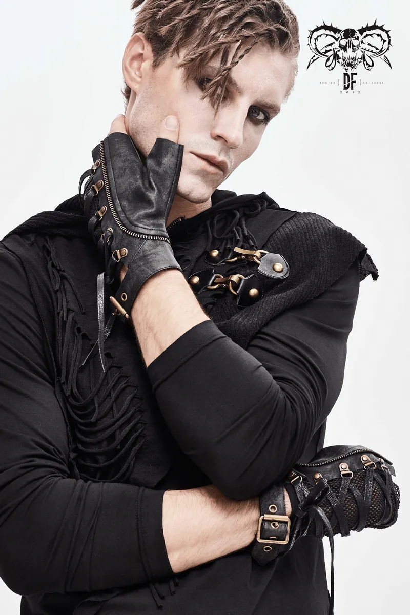 Punk Lace-up Mesh Faux Leather Half Gloves / Men's Gloves with Buckle and Decorative Zip