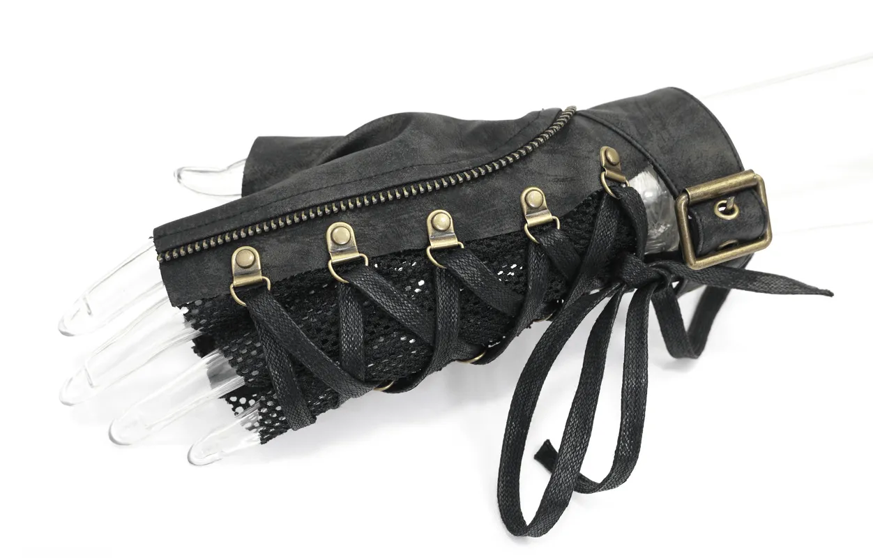 Punk Lace-up Mesh Faux Leather Half Gloves / Men's Gloves with Buckle and Decorative Zip