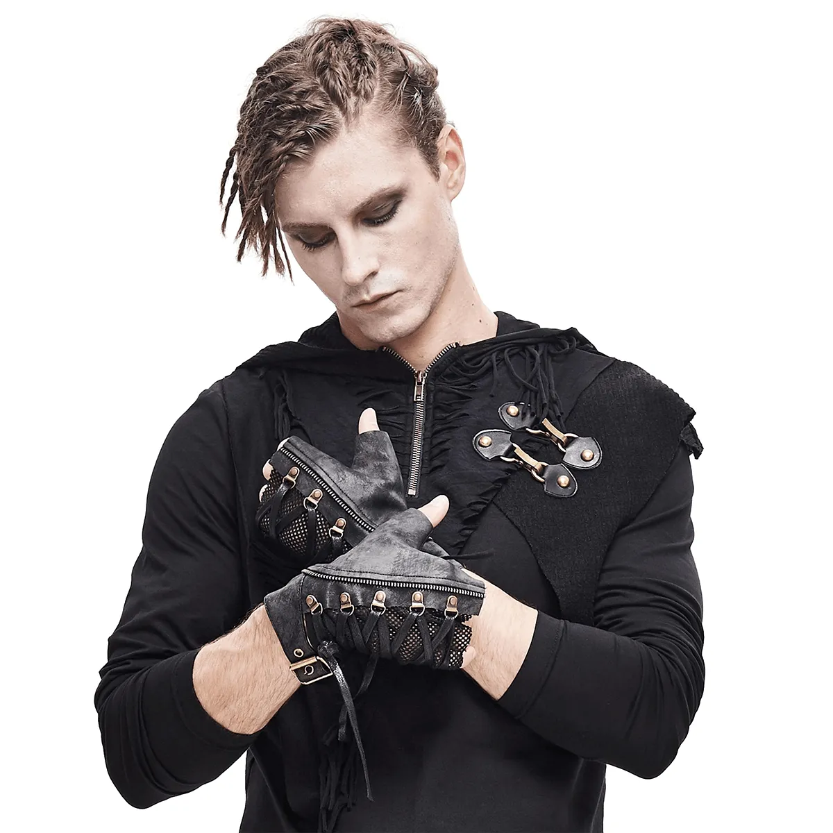 Punk Lace-up Mesh Faux Leather Half Gloves / Men's Gloves with Buckle and Decorative Zip