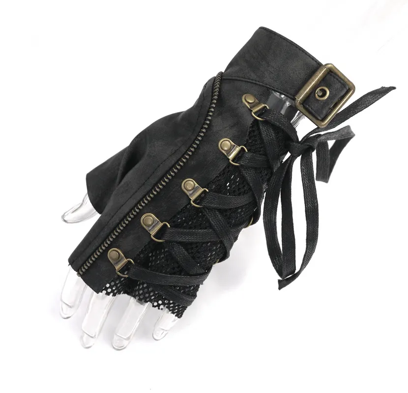 Punk Lace-up Mesh Faux Leather Half Gloves / Men's Gloves with Buckle and Decorative Zip