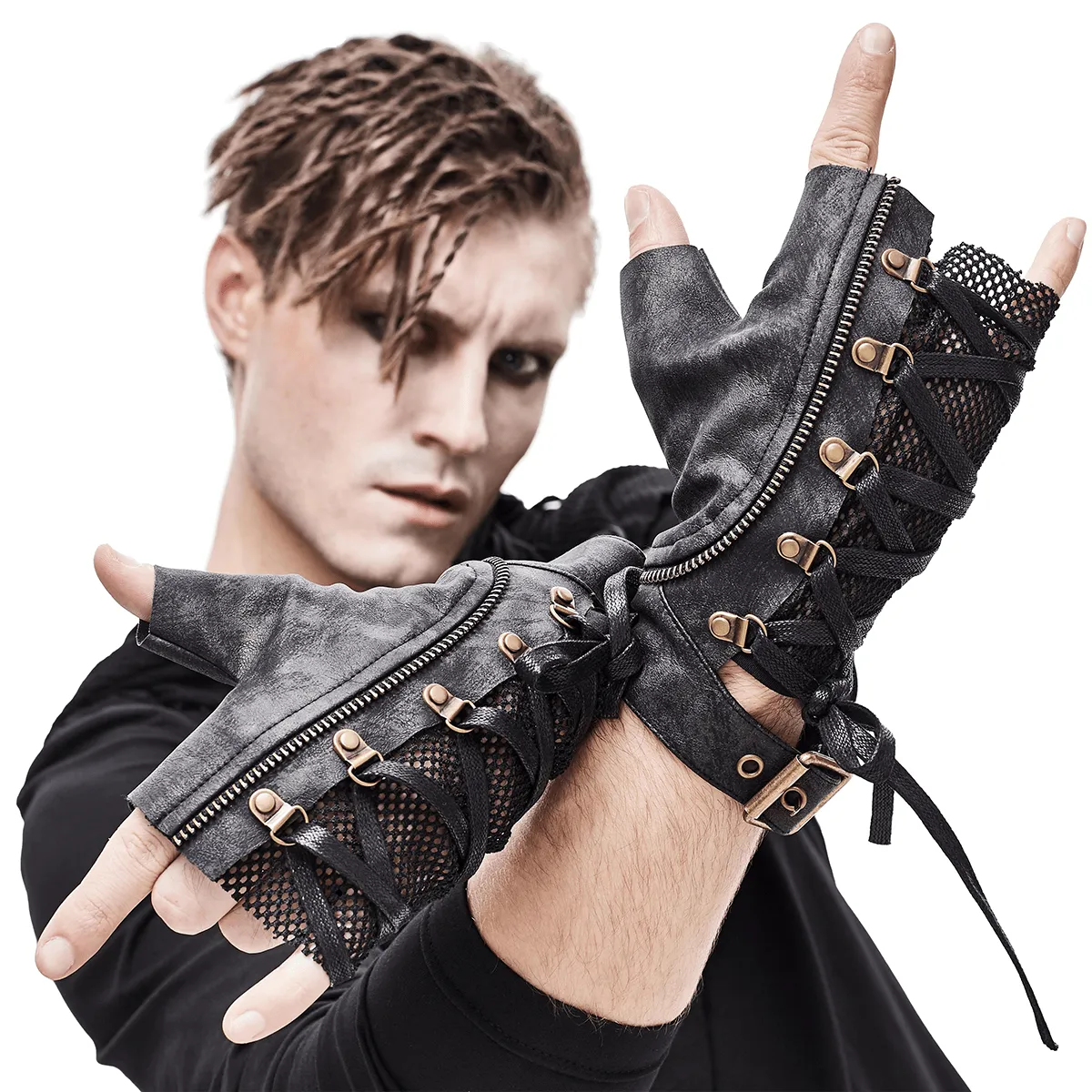 Punk Lace-up Mesh Faux Leather Half Gloves / Men's Gloves with Buckle and Decorative Zip