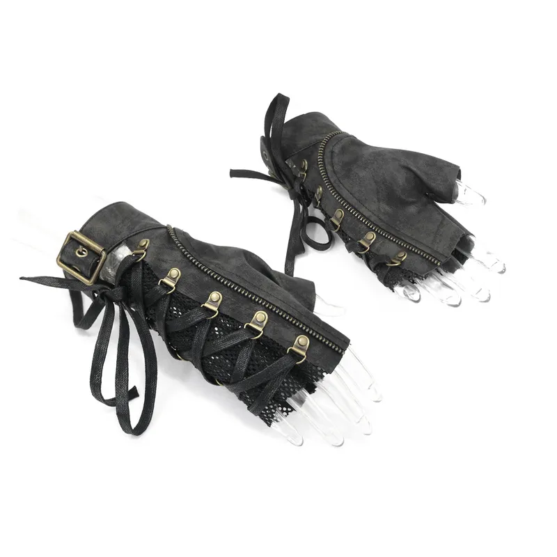 Punk Lace-up Mesh Faux Leather Half Gloves / Men's Gloves with Buckle and Decorative Zip