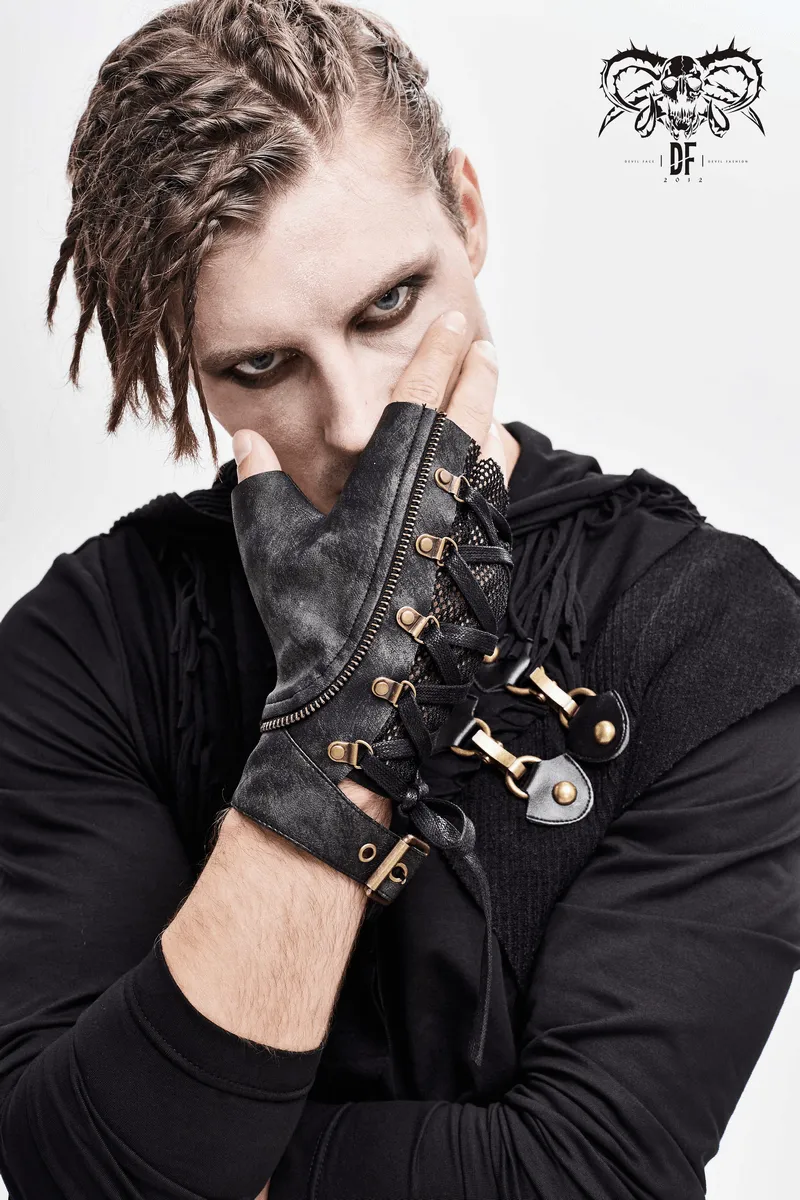 Punk Lace-up Mesh Faux Leather Half Gloves / Men's Gloves with Buckle and Decorative Zip