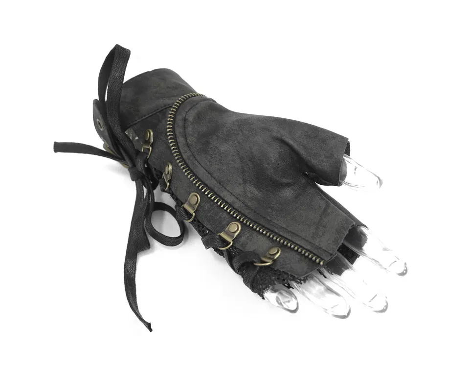 Punk Lace-up Mesh Faux Leather Half Gloves / Men's Gloves with Buckle and Decorative Zip