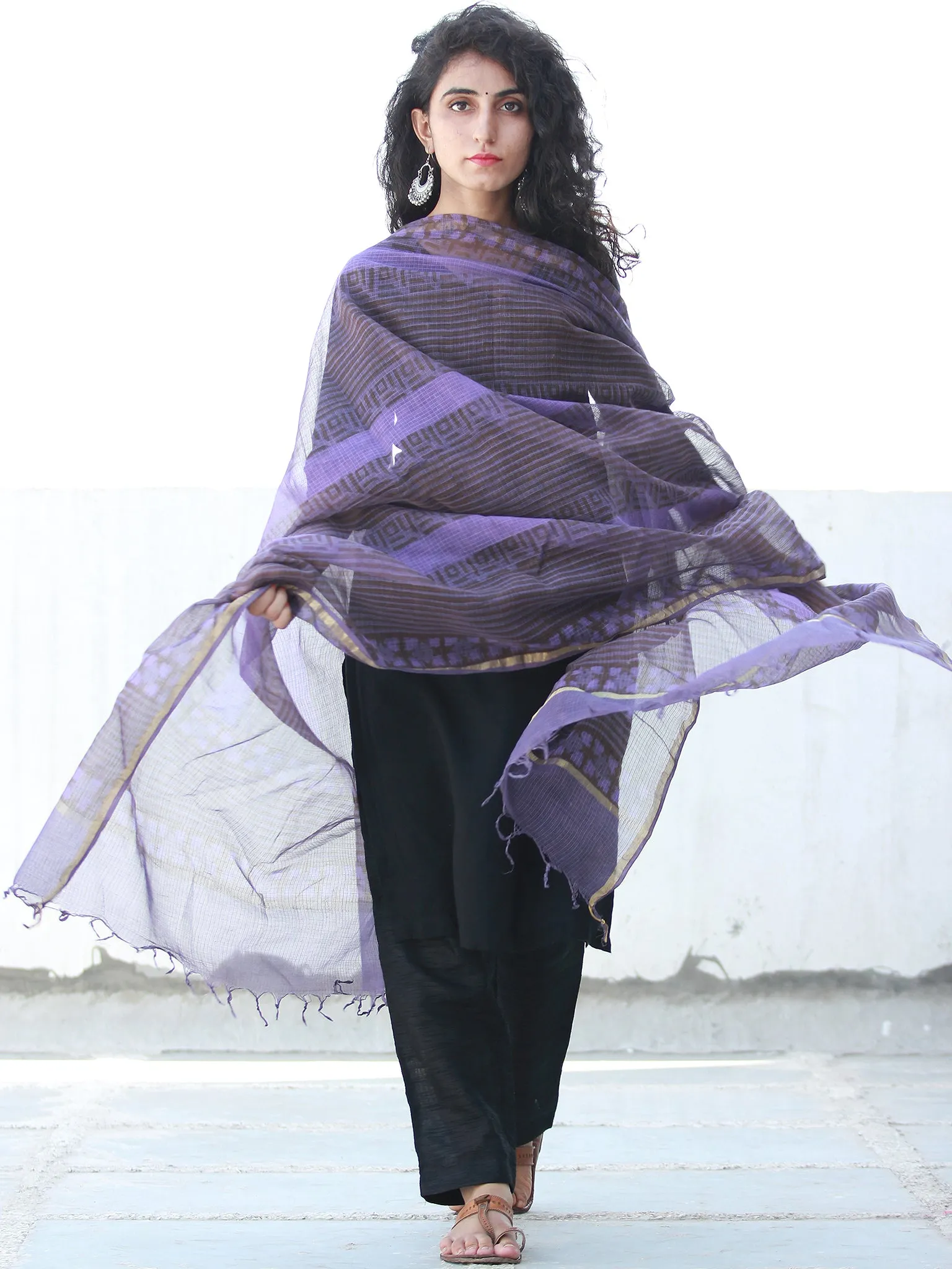 Purple Grey Kota Silk Hand Block Printed Dupatta - D04170459