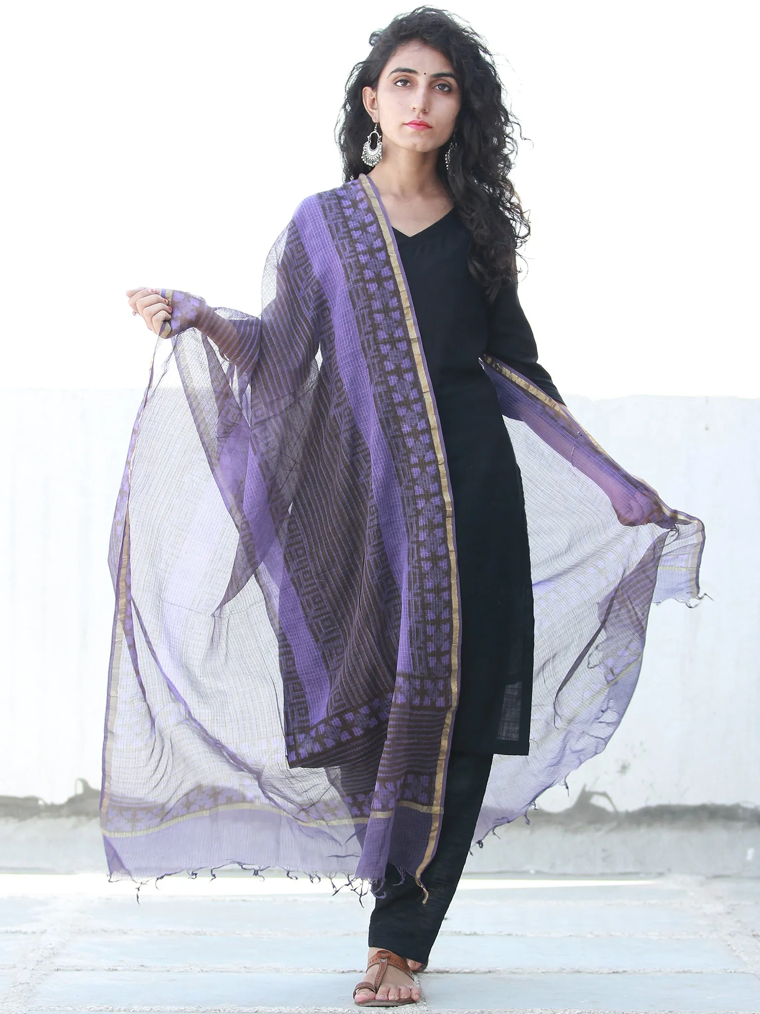 Purple Grey Kota Silk Hand Block Printed Dupatta - D04170459