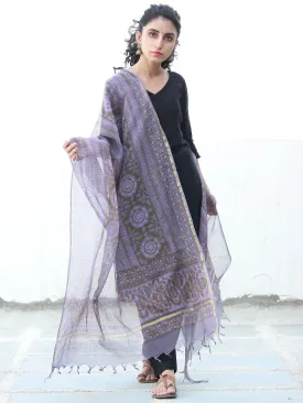 Purple Grey Kota Silk Hand Block Printed Dupatta - D04170499