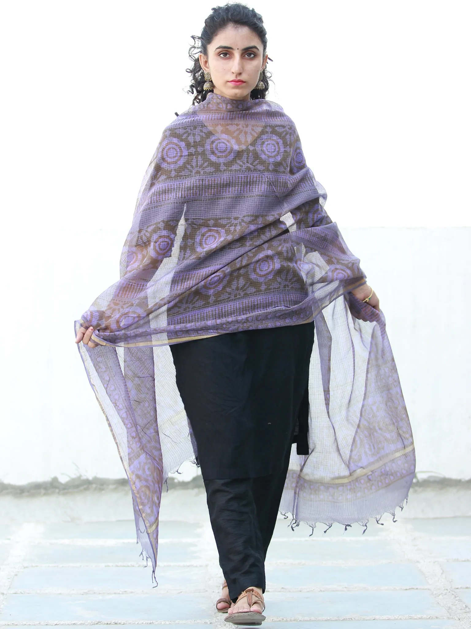 Purple Grey Kota Silk Hand Block Printed Dupatta - D04170499