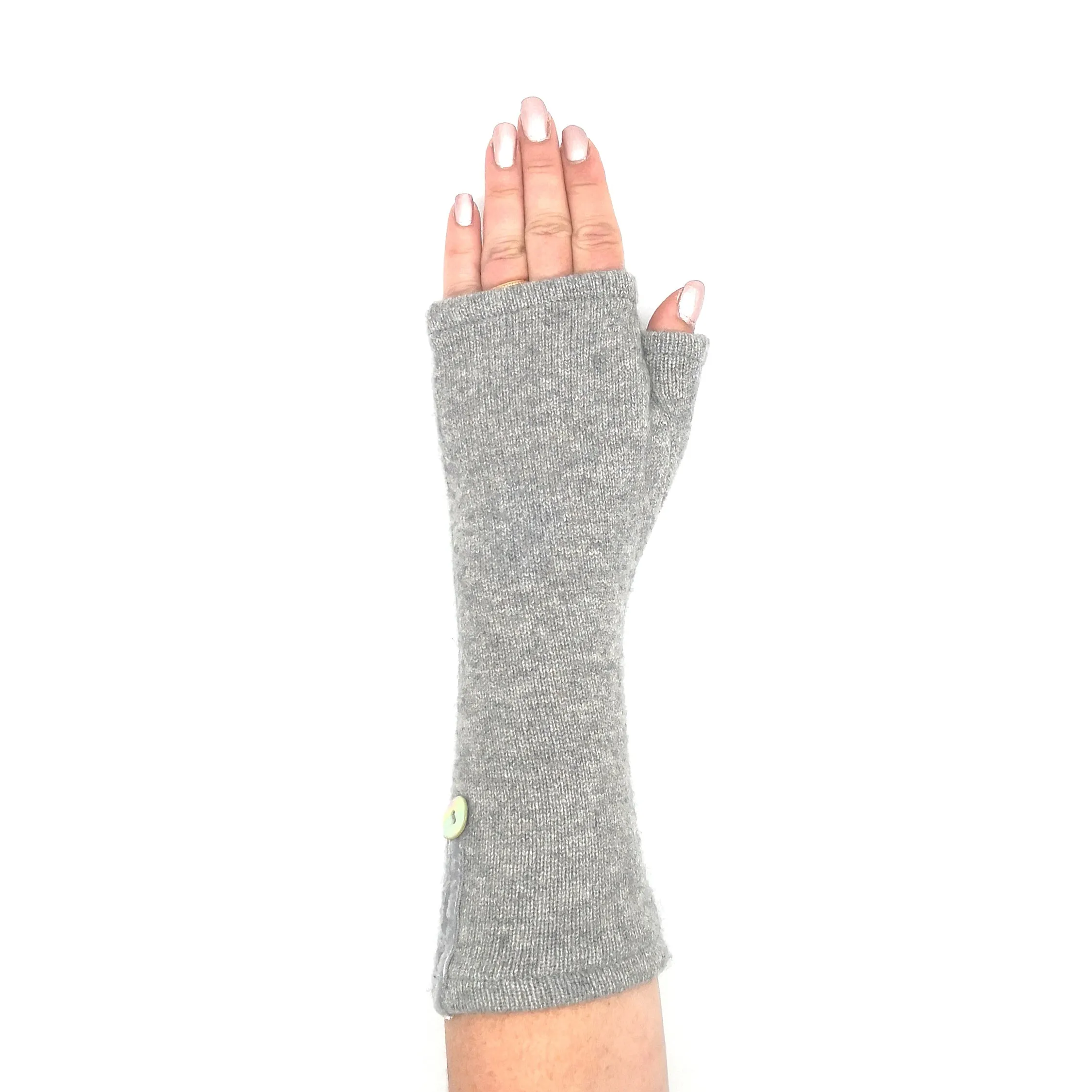 Recycled grey cashmere Kitten Mittens, long with grey velvet ribbon