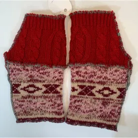 Recycled knit Scandinavian pattern sweater fingerless gloves in reds, pink n white n cables. Wear for fun, school, cashiers, fingers free.