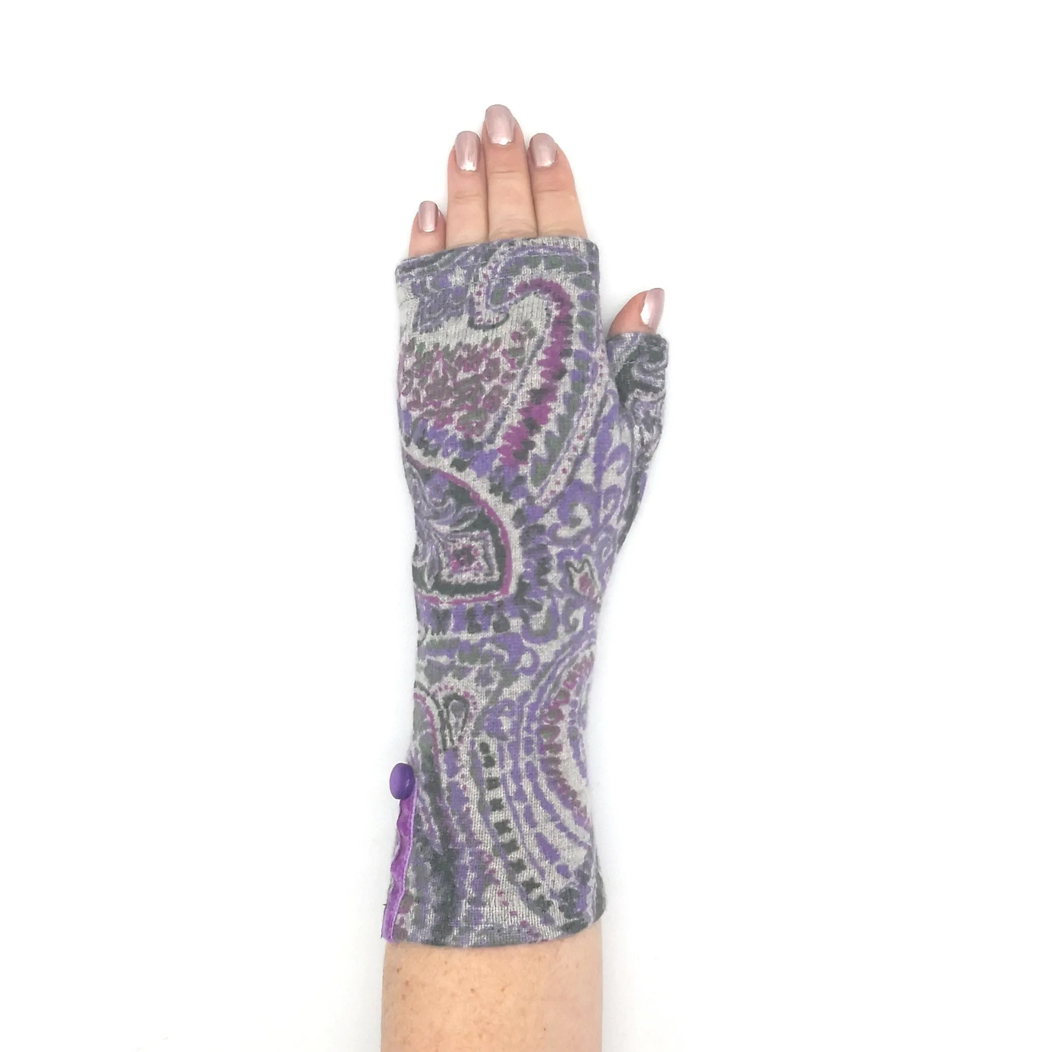 Recycled purple paisley cashmere Kitten Mittens, long