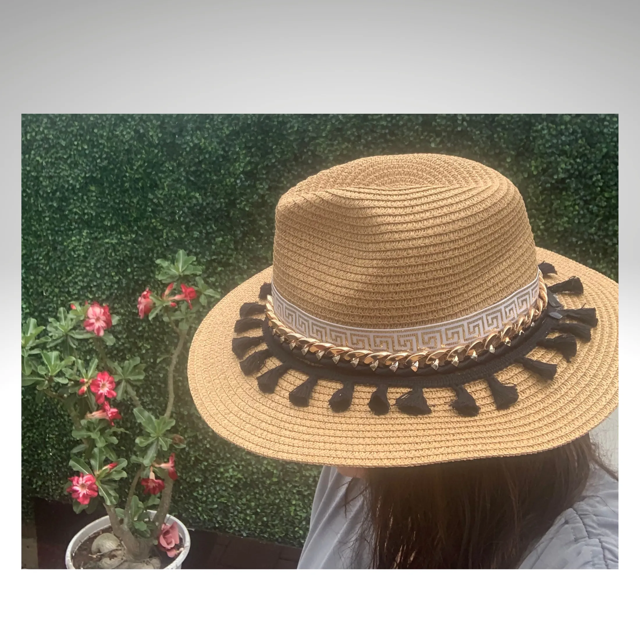 Santorini Straw Hat Handmade with tassels black