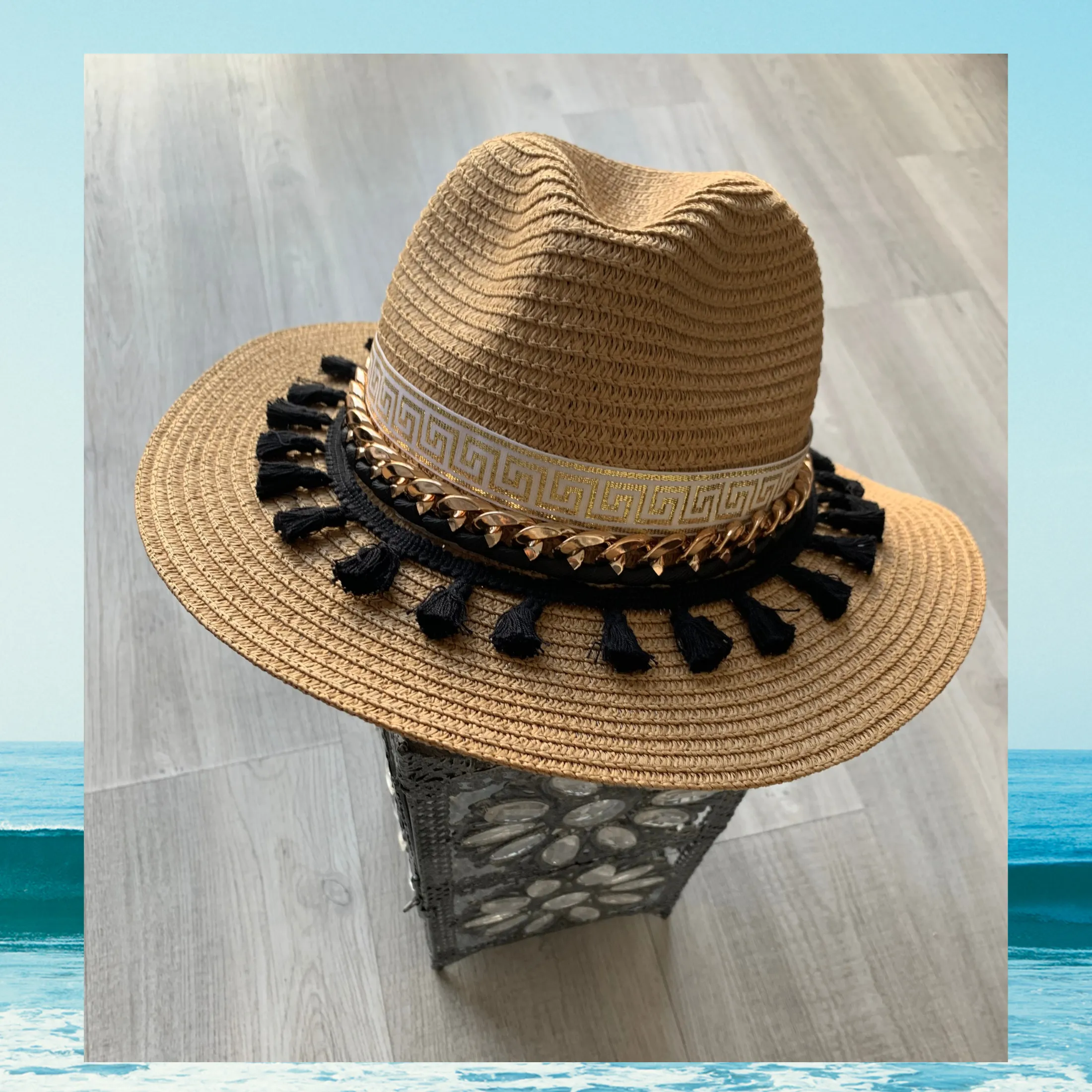 Santorini Straw Hat Handmade with tassels black