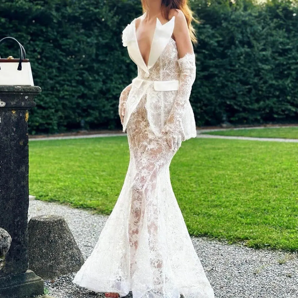 Sexy Rosette Peak Lapel Plunging Peplum Trumpet Mermaid Lace Maxi Dress