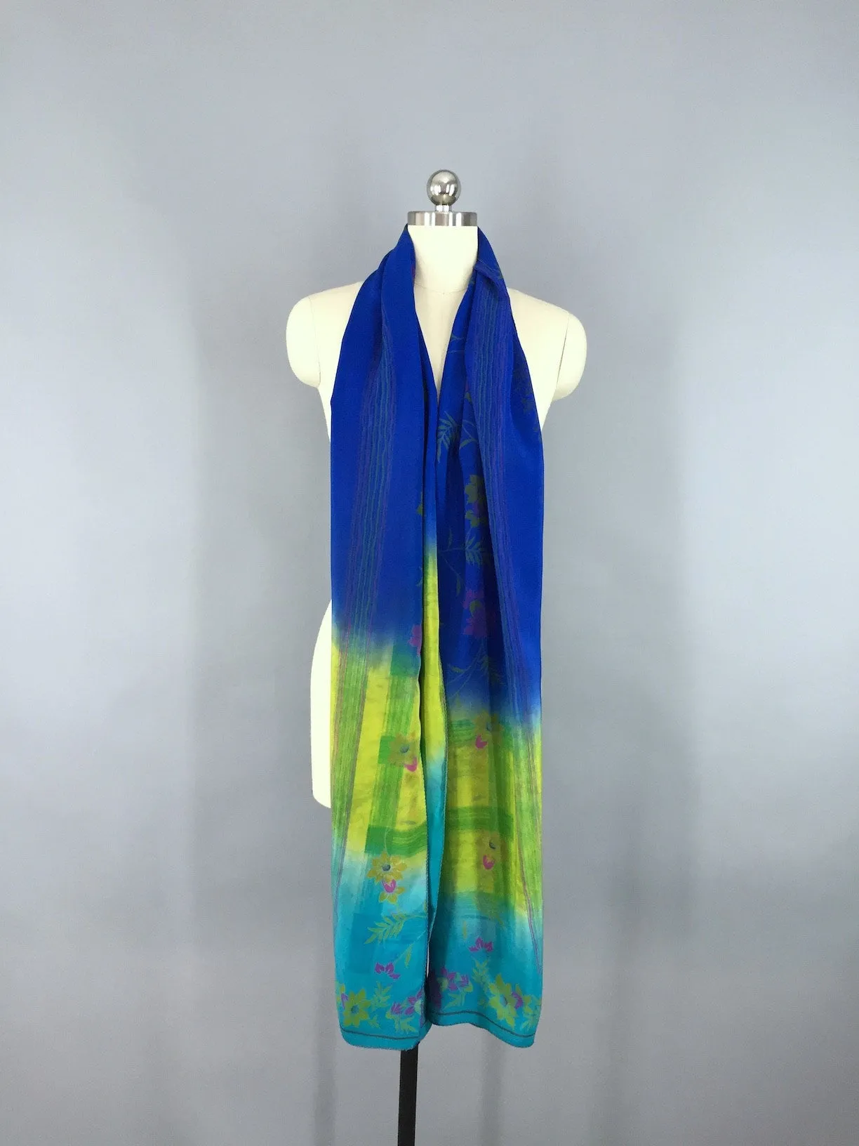 Silk Sari Scarf / Vintage Indian Silk Sari / Blue Floral Print