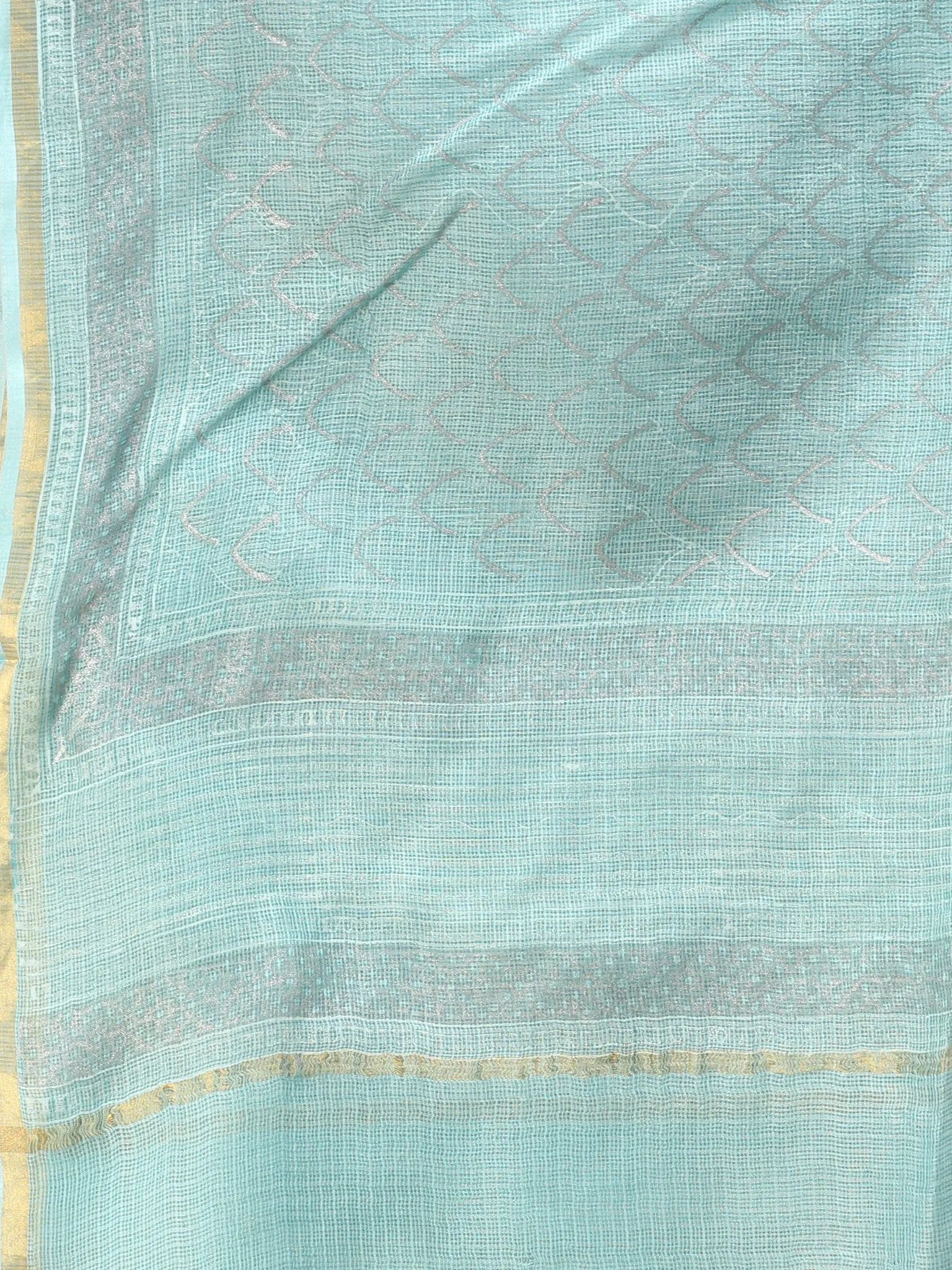 Sky Blue White Kota Silk Hand Block Printed Dupatta - D04170761