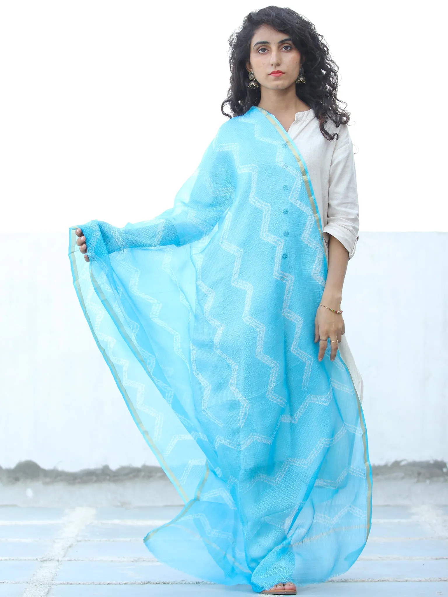 Sky Blue White Shibori Kota Silk Hand Block Printed Dupatta - D04170657