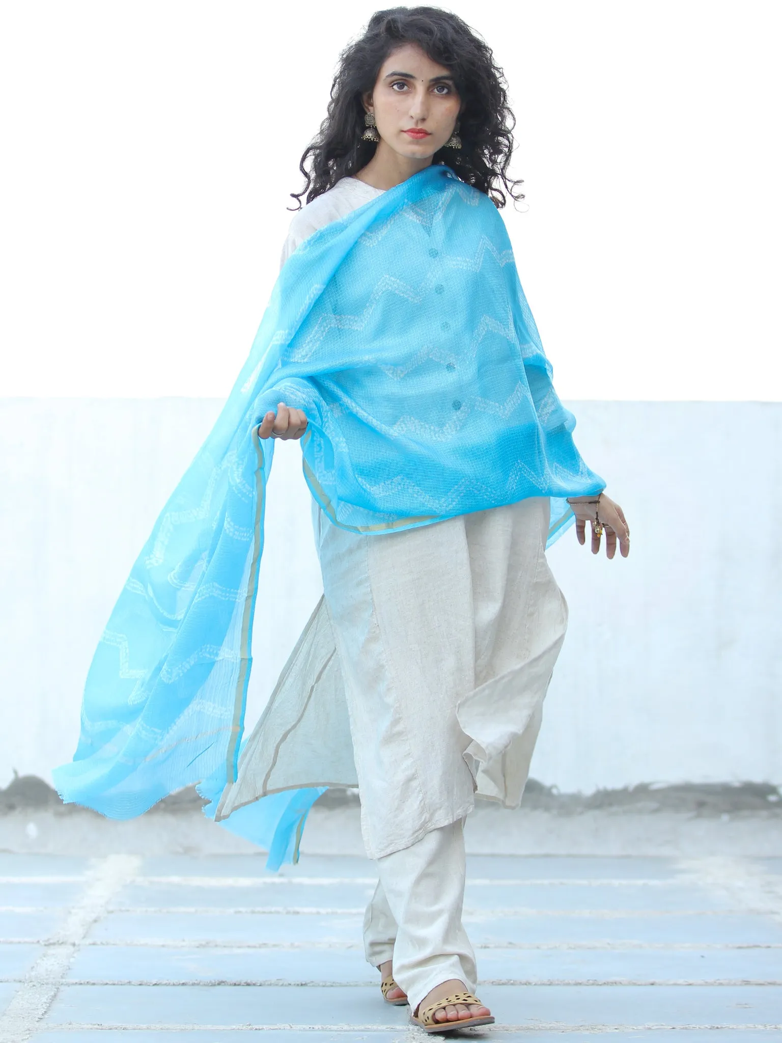 Sky Blue White Shibori Kota Silk Hand Block Printed Dupatta - D04170657