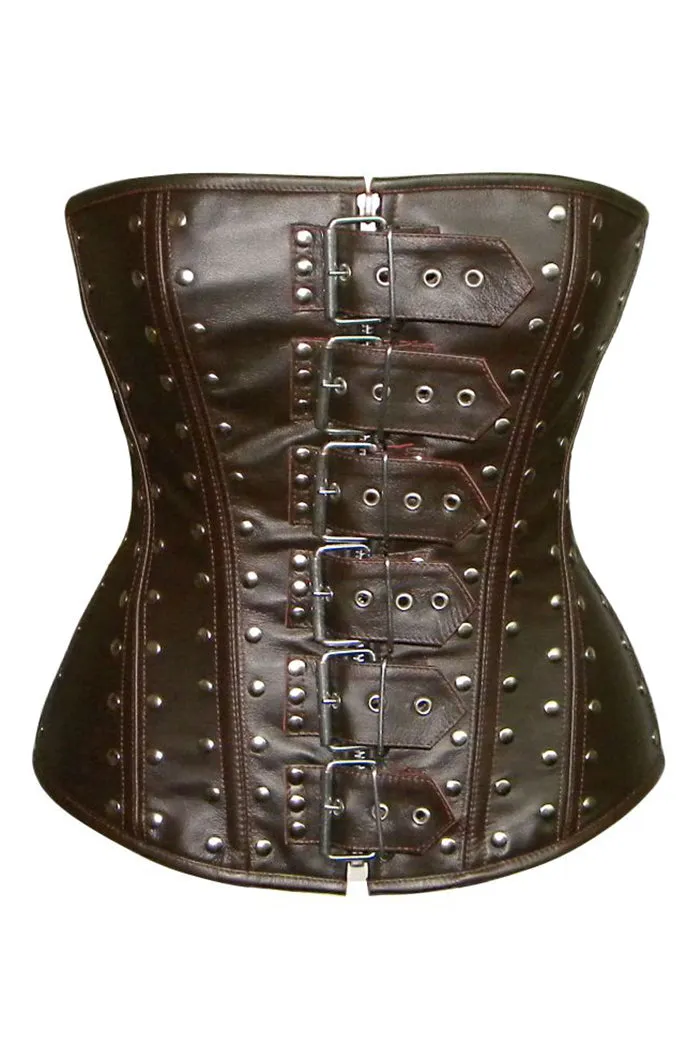 Steampunk and gothic style leather corset (brown and black). Alt, moto, fashion trendy overbust, real leather, metal, bdsm, bespoke corset.