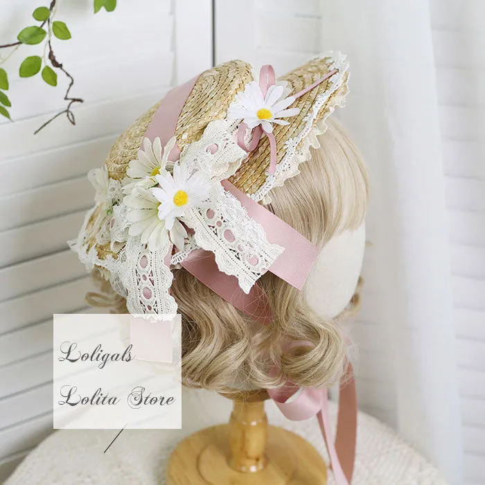 Sweet Lolita Straw Hat with Bow Decor Summer Beach Sun Hat