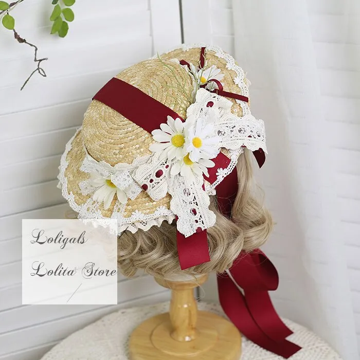 Sweet Lolita Straw Hat with Bow Decor Summer Beach Sun Hat