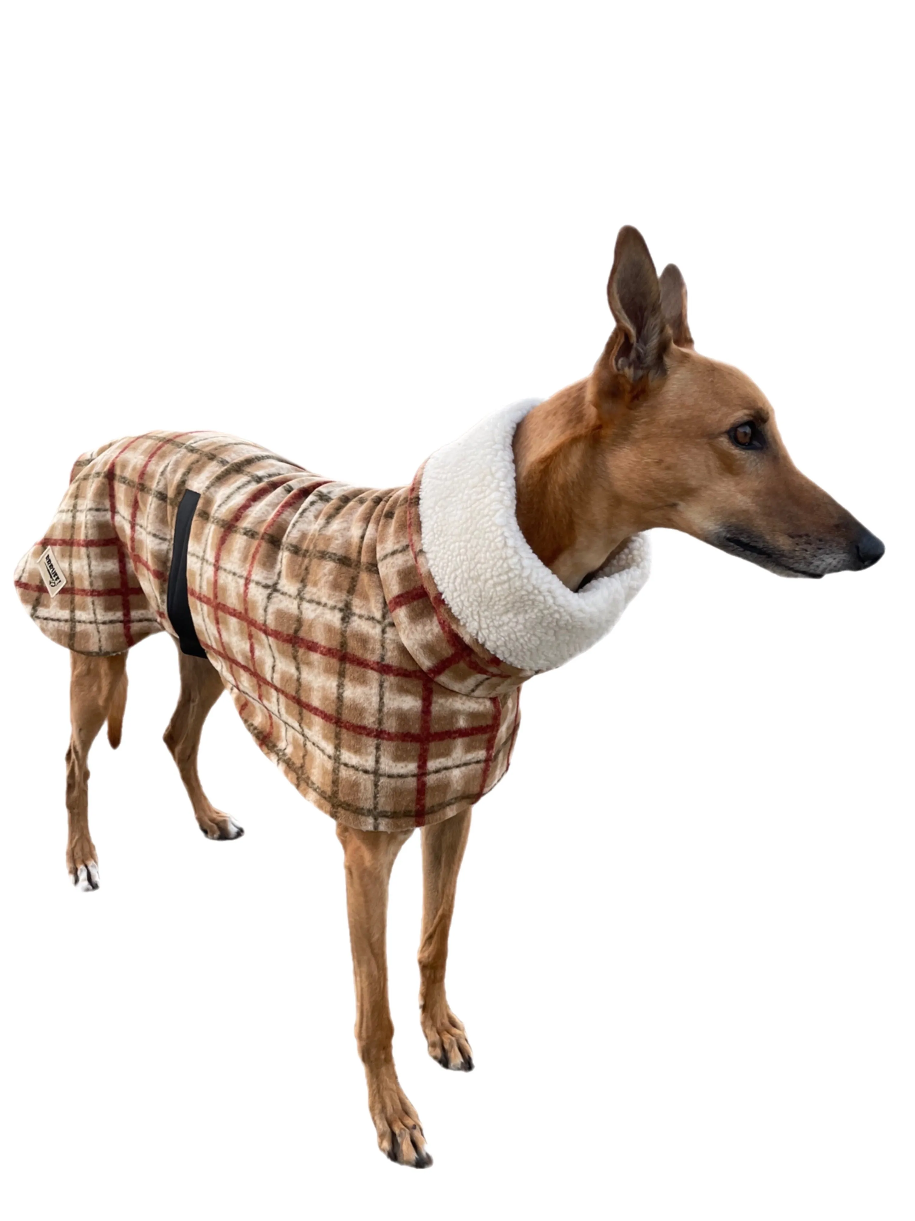 Tan Lumberjack Greyhound coat in deluxe style rug flanno check polar fleece washable extra wide neck