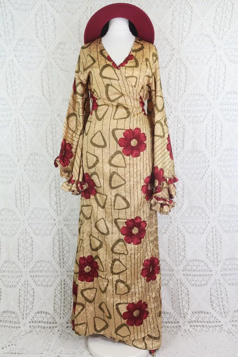 Venus Maxi Wrap Dress - Parchment & Ruby Floral Shimmer - Vintage Indian Sari - XS - S/M