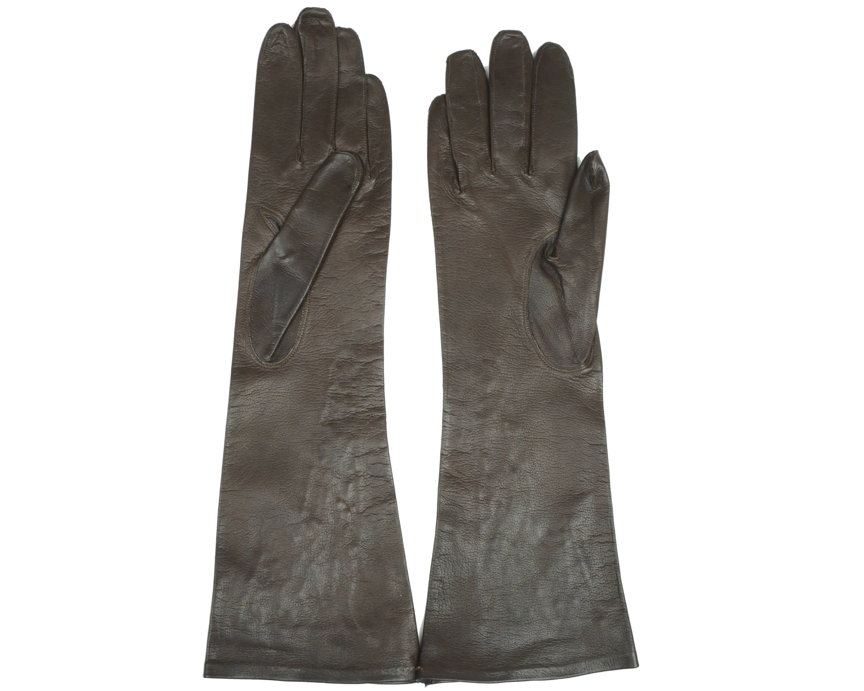 Vintage NOS Ladies Brown Leather Long Evening Gloves Unused Lace Inset Cutwork