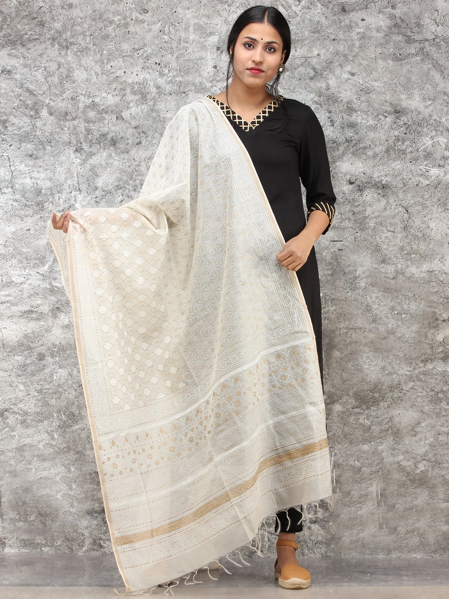 White Gold Chanderi Hand Block Printed Dupatta - D04170783