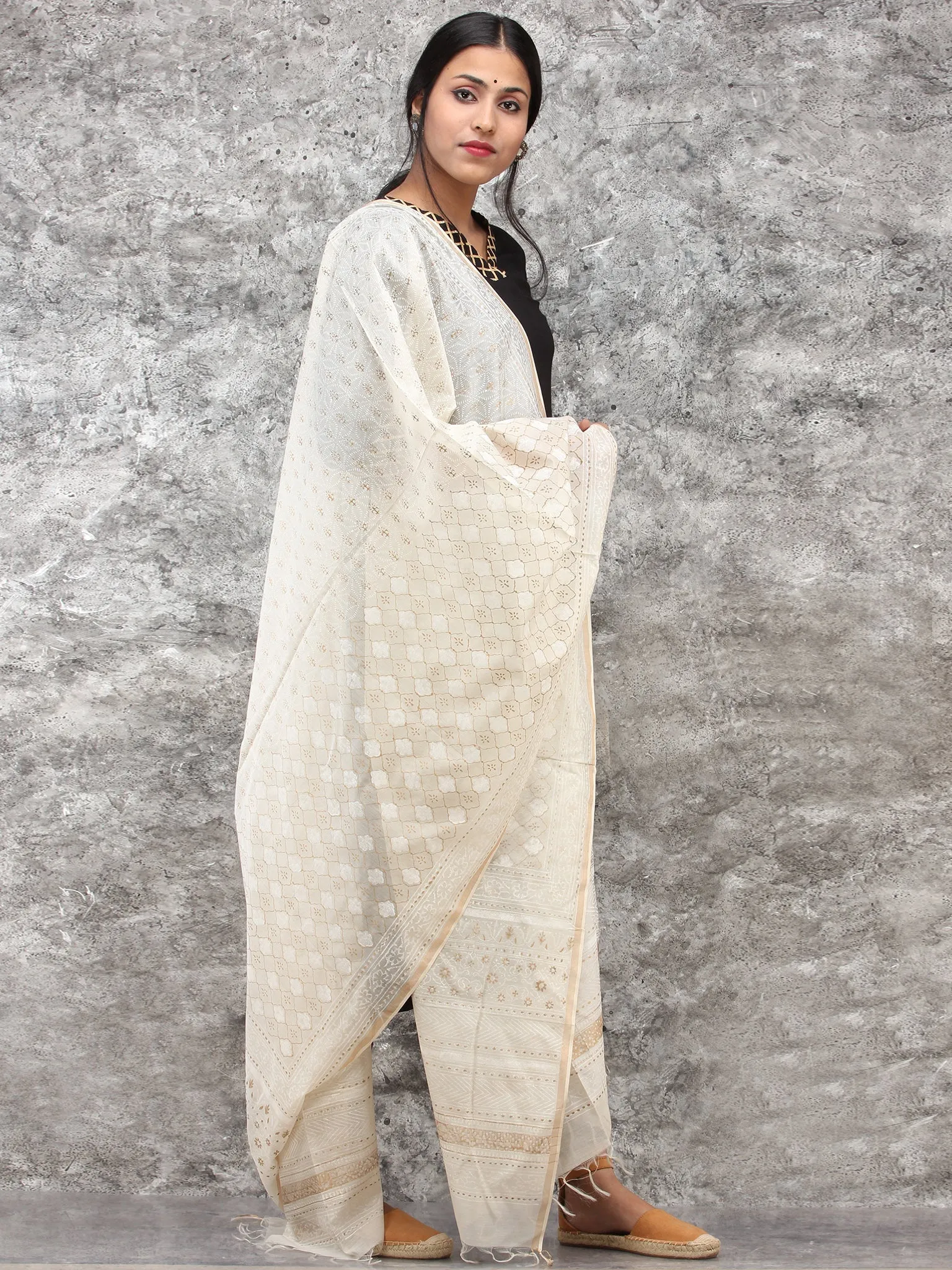 White Gold Chanderi Hand Block Printed Dupatta - D04170783