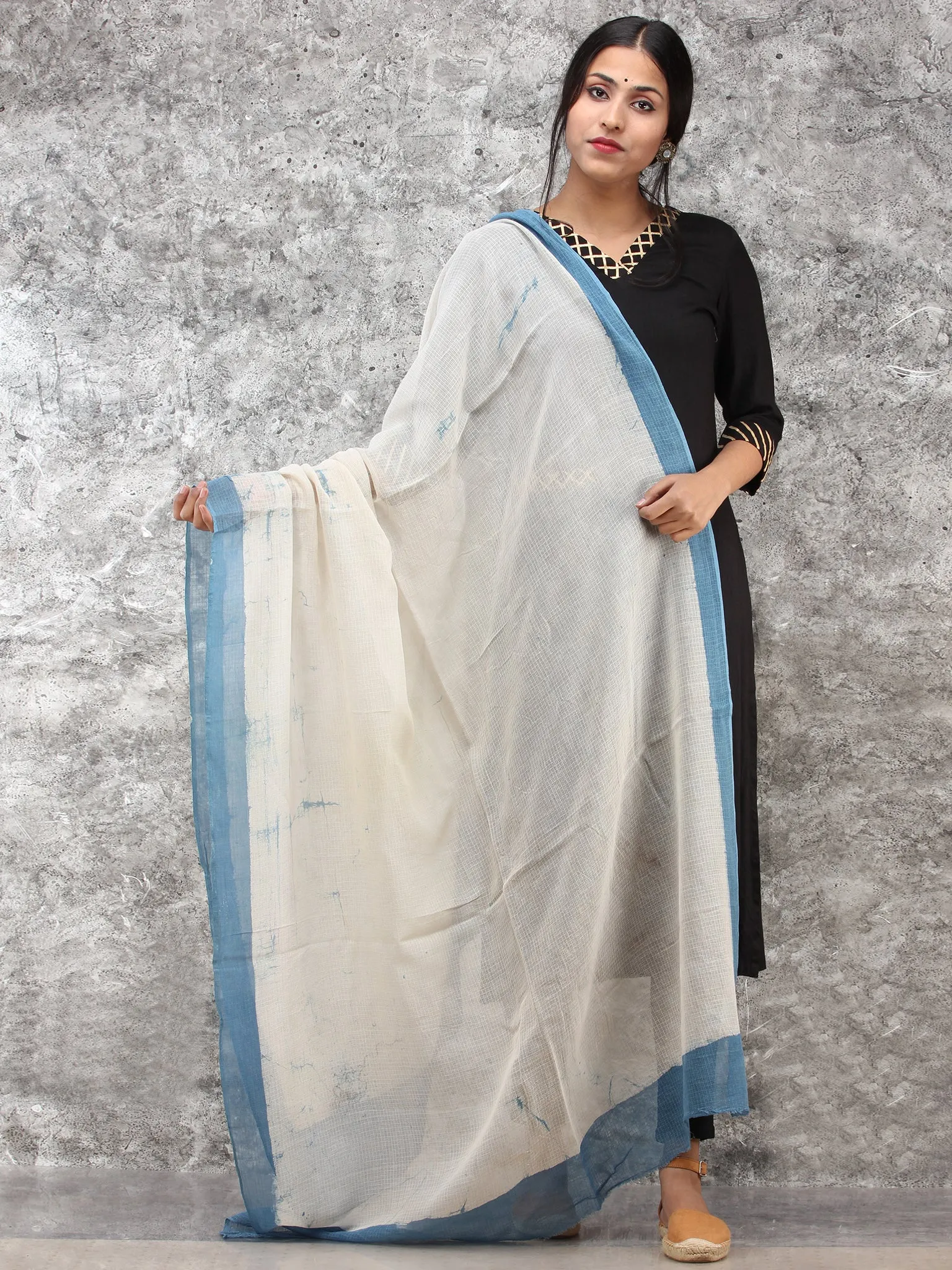 White Indigo Kota Silk Hand Block Printed Dupatta - D04170779