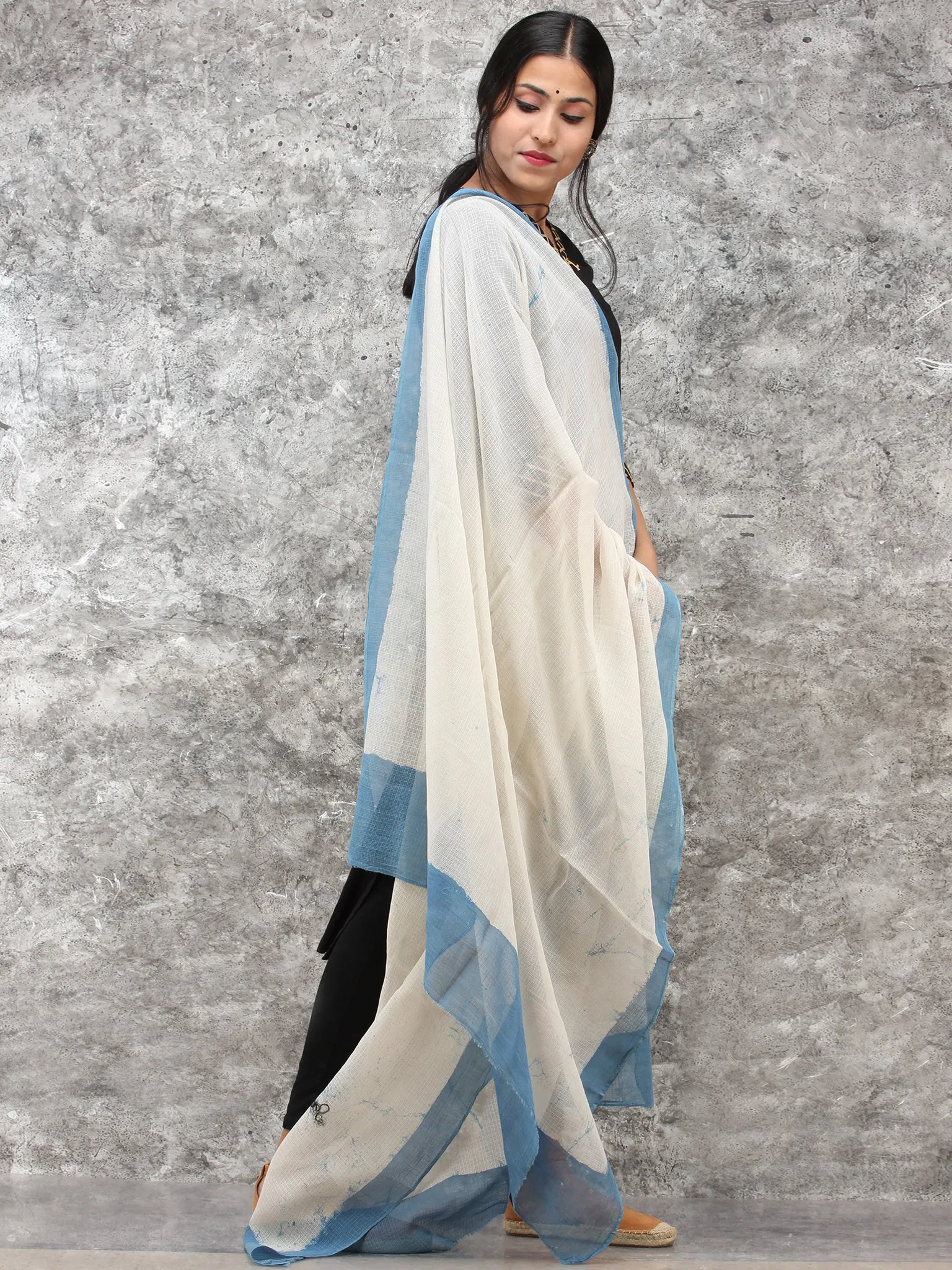 White Indigo Kota Silk Hand Block Printed Dupatta - D04170779