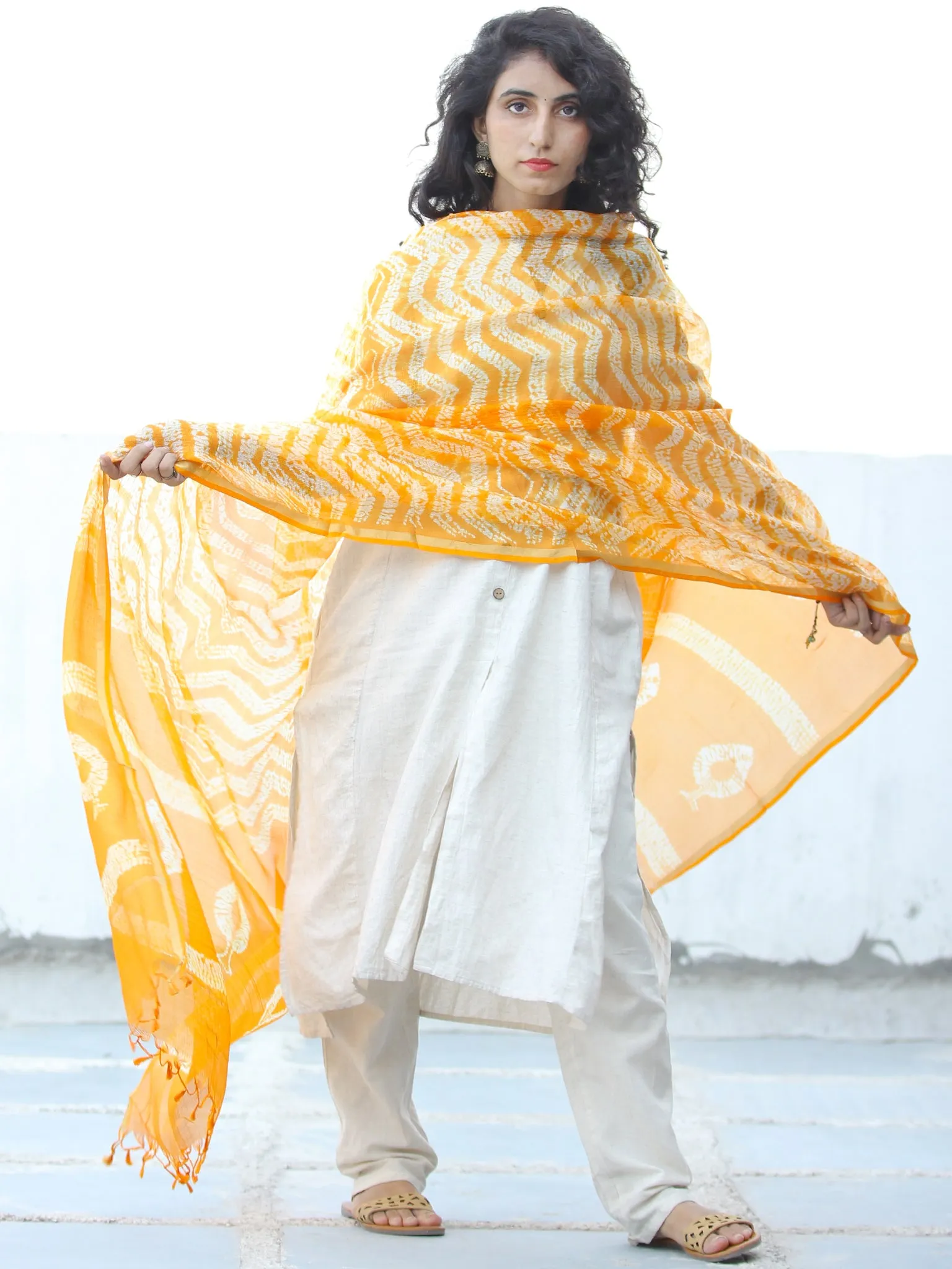 Yellow Ivory Shibori Kota Silk Hand Block Printed Dupatta - D04170649